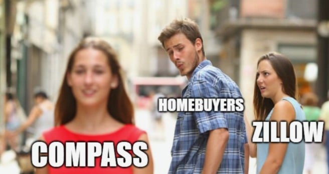 Image depicting a humorous meme featuring a man looking back at a woman labeled "Homebuyers," while another woman labeled "Zillow" looks disapprovingly, illustrating the competition between real estate platforms like Compass and Zillow.