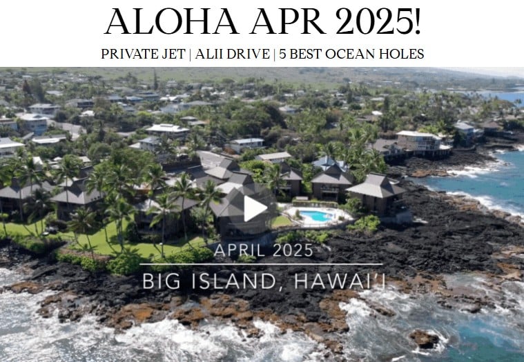 Aerial view of luxury homes along the coastline of Big Island, Hawaii, featuring lush palm trees, rocky shores, and a swimming pool, highlighting real estate insights in the April 2025 newsletter from KE Team Hawaii.