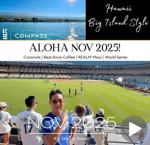 Hawaii Big Island Style Newsletter header for November 2025 featuring scenic view, "ALOHA NOV 2025!" text, and highlights including coconuts, Kona coffee, and World Series, with people at a baseball field in the foreground.
