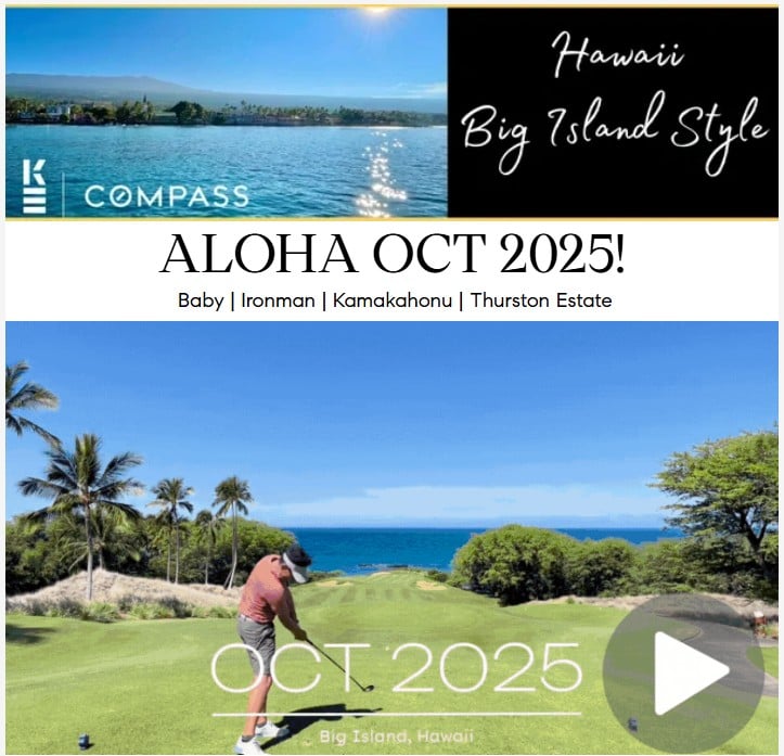 Golfing scene on Big Island, Hawaii, featuring a player preparing to swing, lush greenery, ocean view, and "Aloha OCT 2025!" text overlay.
