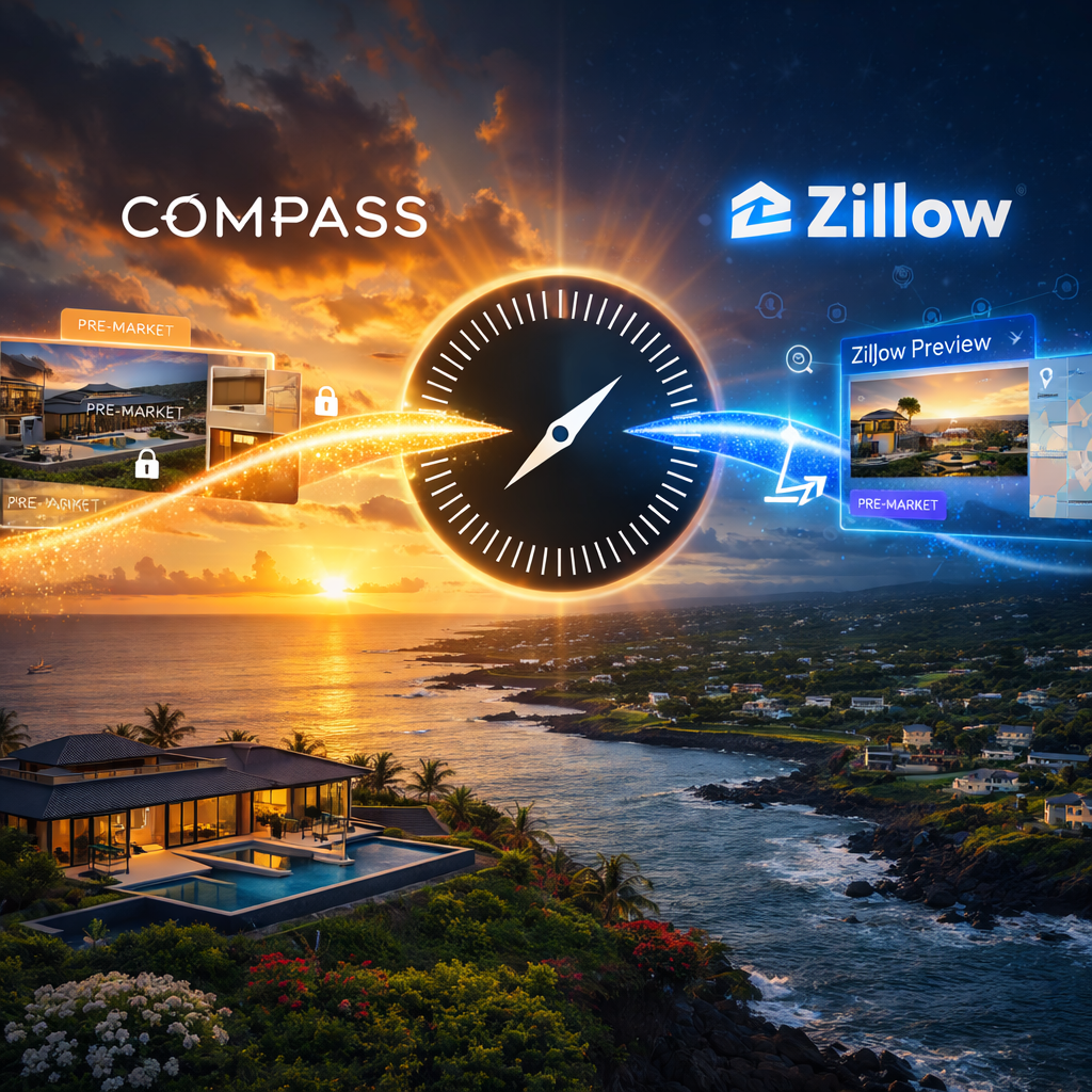 Compass and Zillow logos with pre-market listings, compass graphic, sunset over coastal Hawaii, illustrating real estate competition in Hawaii.