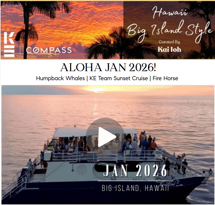 Sunset cruise boat with passengers on the Big Island, Hawaii, featuring a scenic ocean view and palm trees, promoting KE Team Hawaii's January 2026 newsletter.