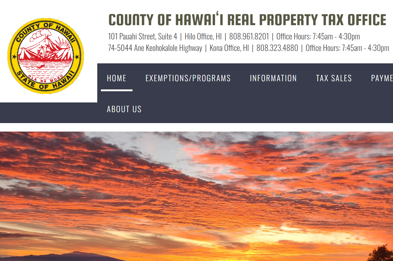 County of Hawaiʻi Real Property Tax Office logo with contact information and a vibrant sunset over the ocean, symbolizing Hawaii's natural beauty and real estate opportunities.