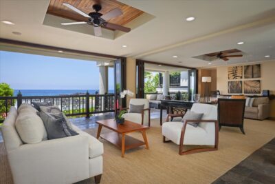 ndoor outdoor living room with Pacific Ocean views in Kailua Kona